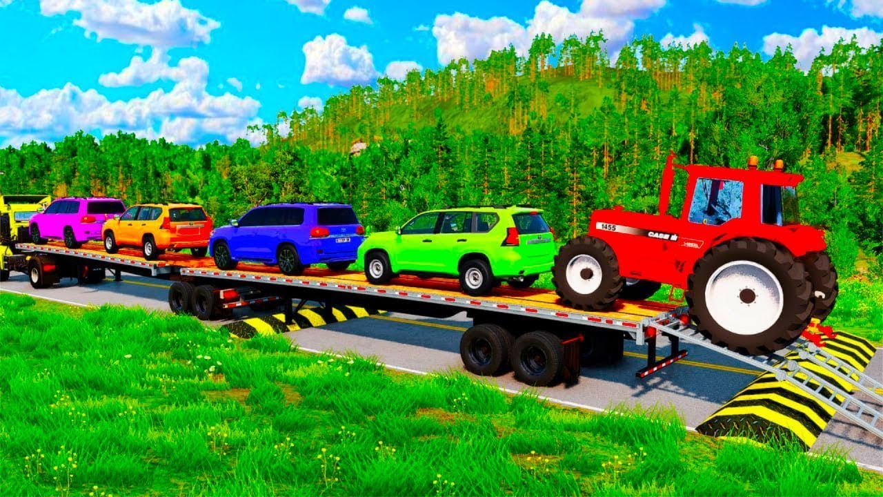 Double Flatbed Trailer Tuck vs Speedbumps Train vs Cars | Tractor vs Train Beamng.Drive #23