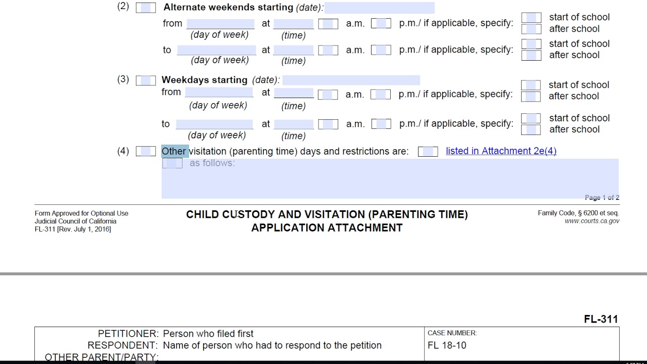 FL-311, Child Custody and Visitation Application Attachment