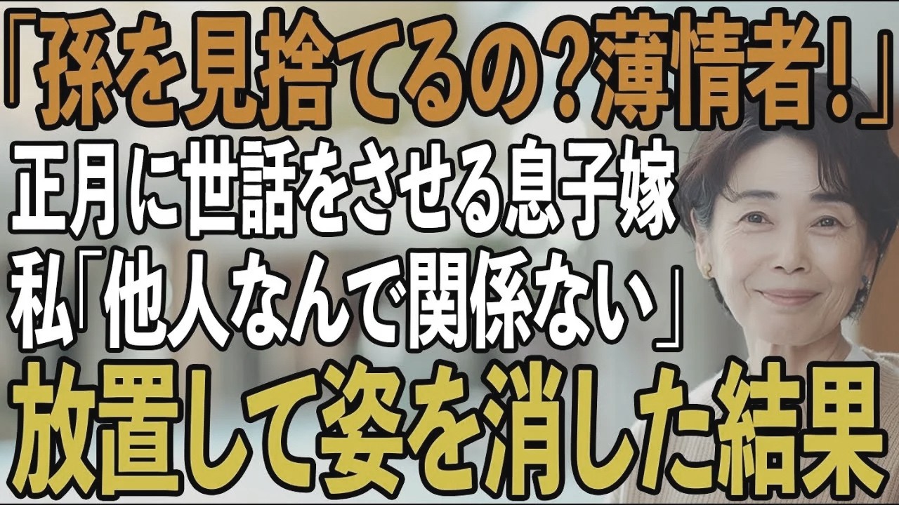正月に入院明けの私に孫を押し付ける息子嫁「孫を見捨てるの？薄情者！」→私は静かに微笑み姿を消した→翌日、私が送った”ある通知”を見た息子夫婦は震え出し...【シニアライフ】【60代以上の方へ】