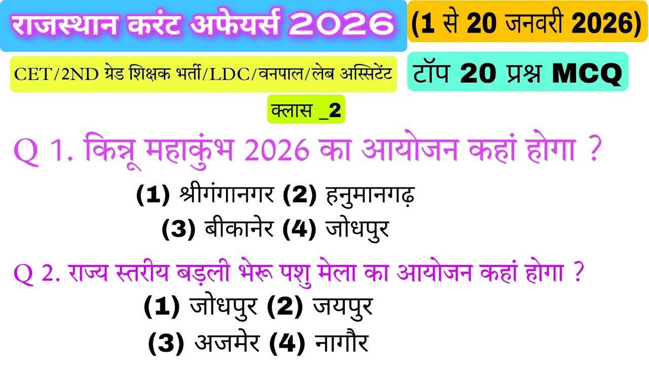 राजस्थान करंट अफेयर्स 2026/ rajasthan current affairs ke mcq/ rajasthan current gk/CET, VANPAL,LDC 
