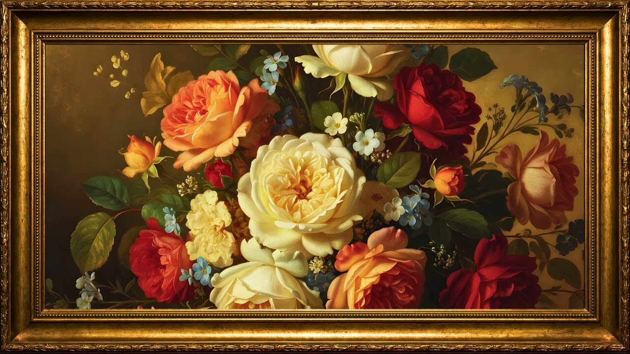 A luxurious classical oil painting of an abundant floral arrangement in full bloom