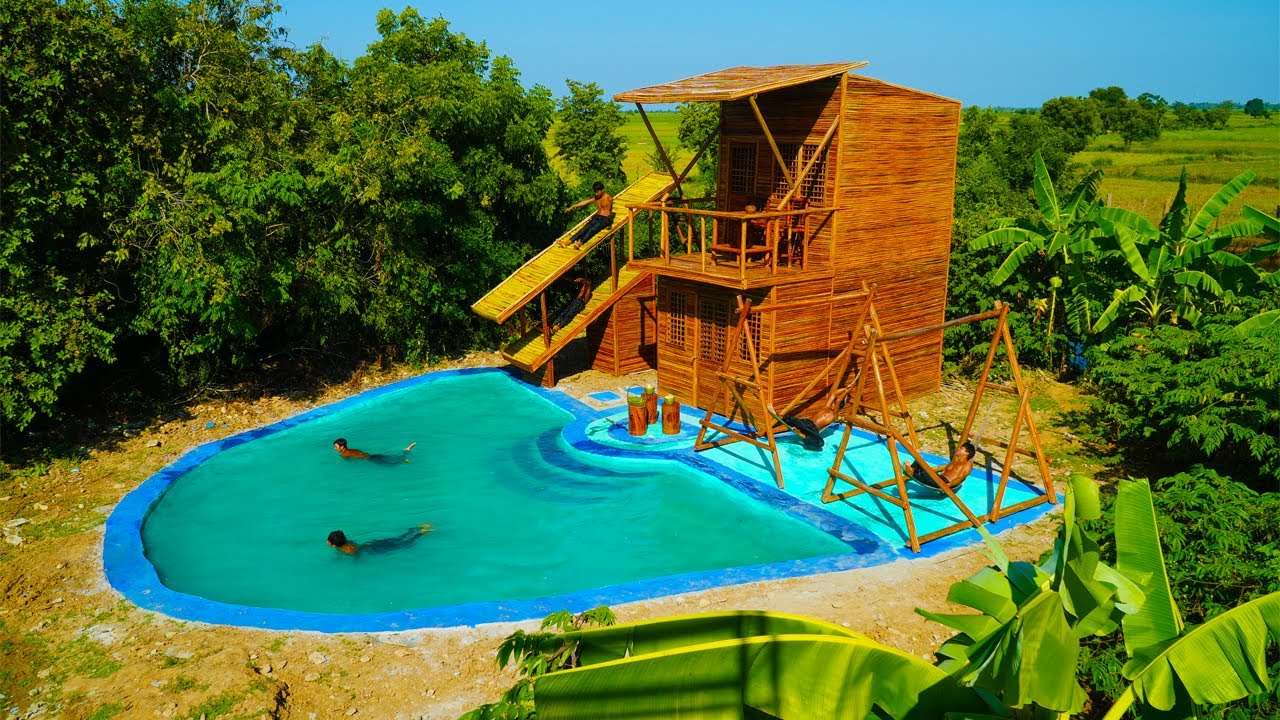 [FULL VIDEO] BUILD THE BEST BAMBOO RESORT, SWIMMING POOL AND GREAT 2-STORY PALM TREE BRANCH SLIDE