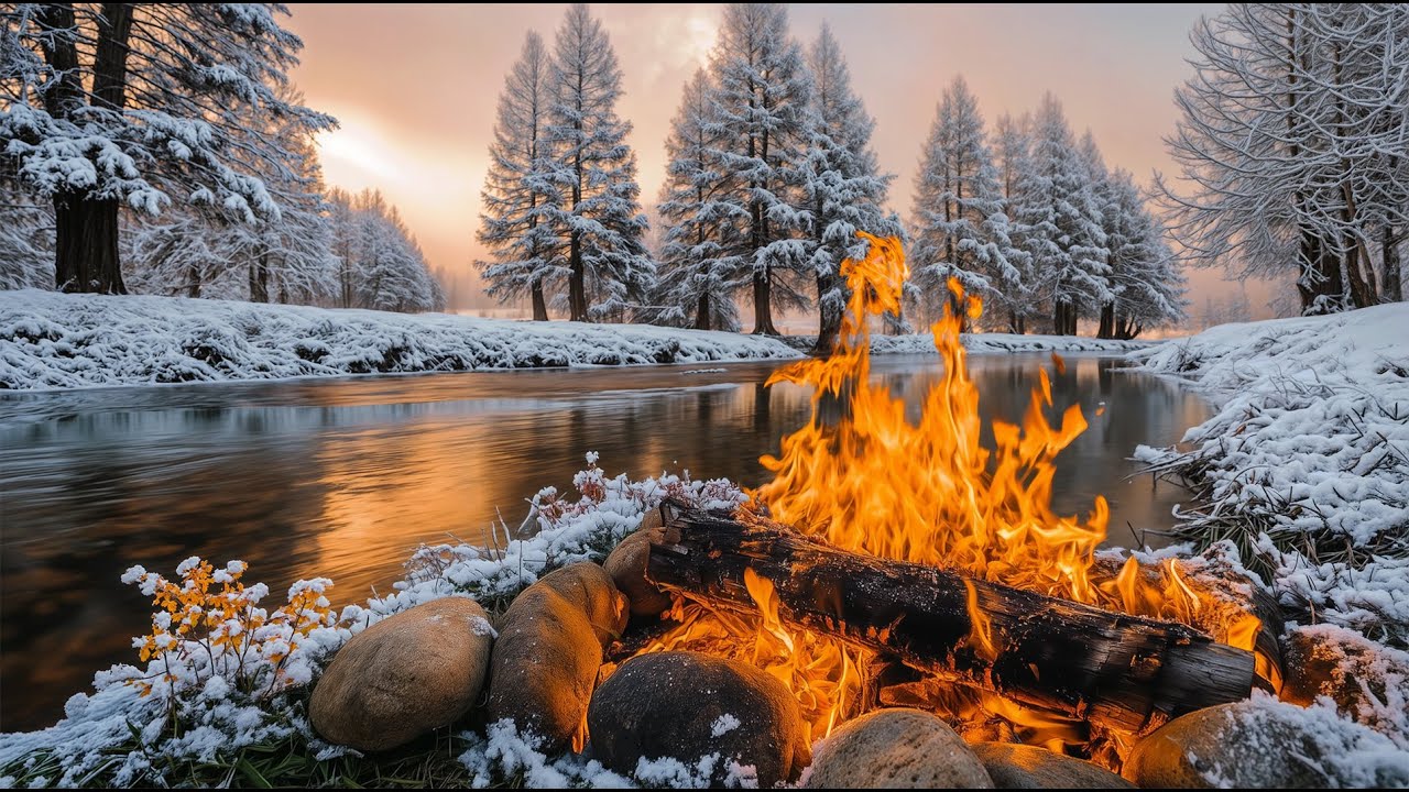Autumn-Winter Serenity | Riverside Campfire and Forest Birds Songs