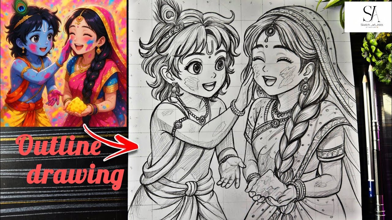 Radha Krishna Holi Drawing, How To Draw Radhakrishna Playing Holi Animestyle, Step By Step Tutorial