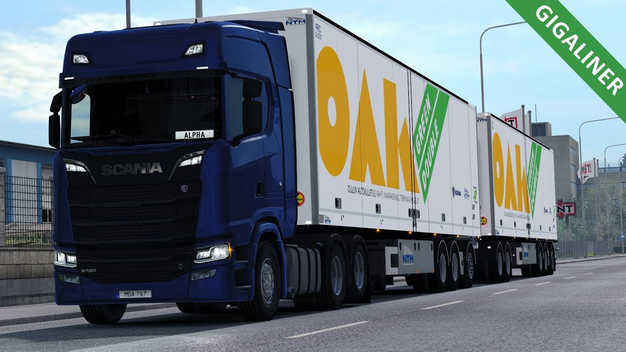 ETS2 1.31 - New Scania S520 V8 Open Pipe - NTM Double - Scandinavian Gigaliner Trailer