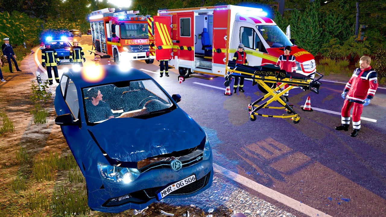Emergency Call 112 – German Ambulance and Fire Truck Respond to Car Crash with Driver Trapped!