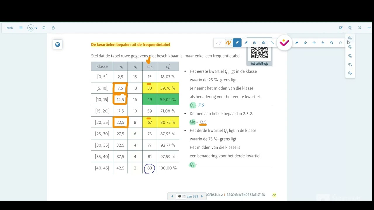 Bepalen van mediaan en kwartielen uit een frequentietabel