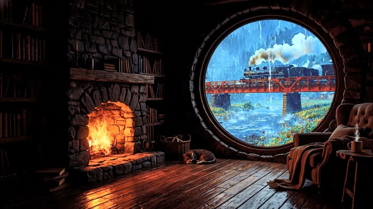 Rain on Cabin Roof with Fireplace Sounds | Deep Sleep Rain Ambience