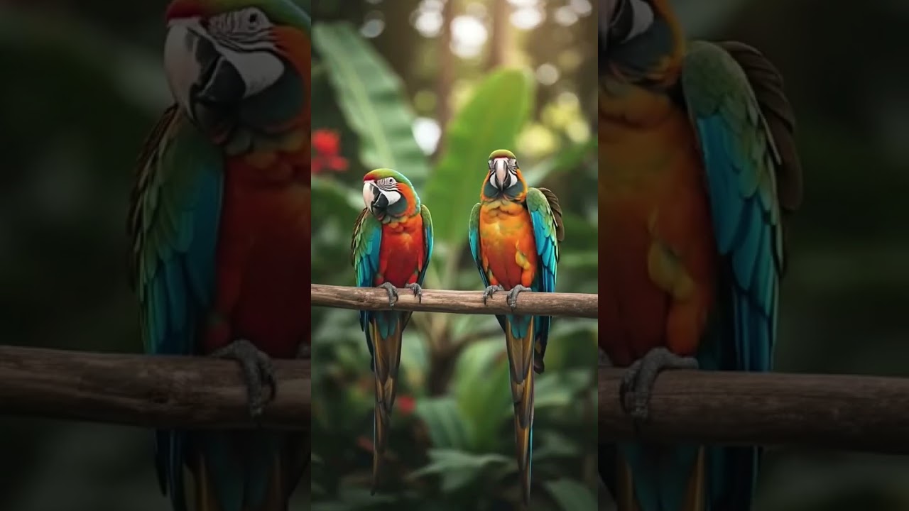 Two Blue and Yellow Macaws on a Perch | Relaxing Tropical Animation 