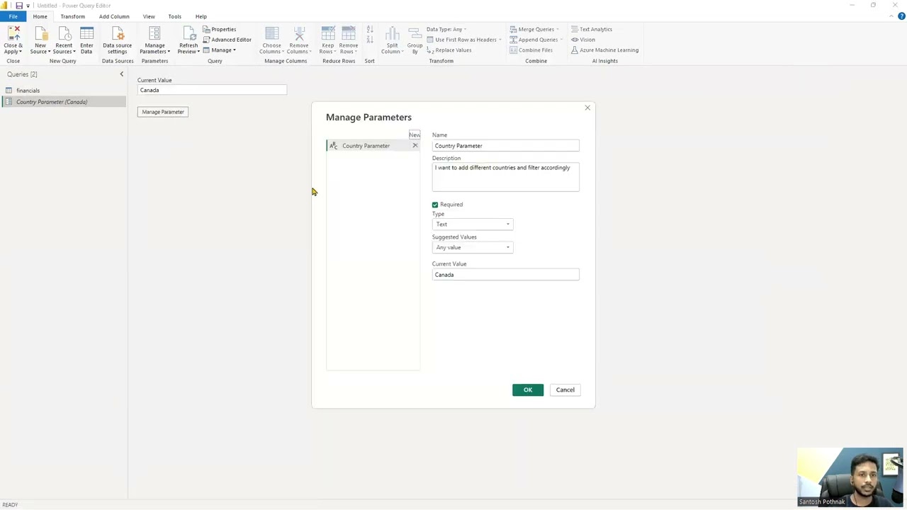 Power Query Editor : Manage Parameters Option