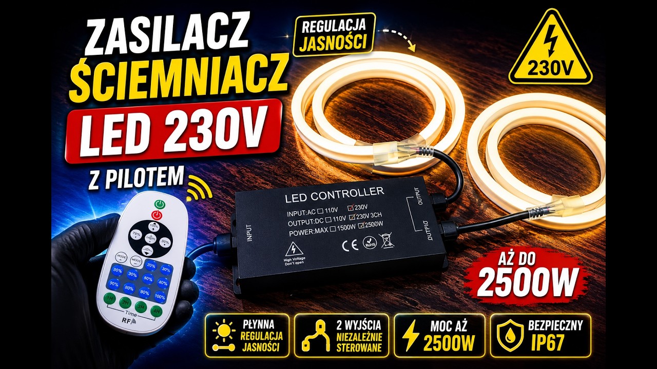 Zasilacz Ściemniacz LED 230V z Pilotem &ndash; Regulacja Jasności Neon&oacute;w i Taśm LED 2500W 2 wyjścia SK-LED