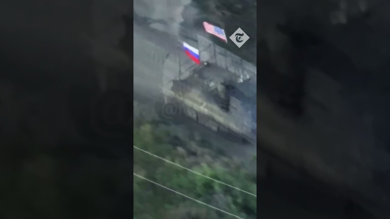 Russian tank flies US flag near Ukrainian front line