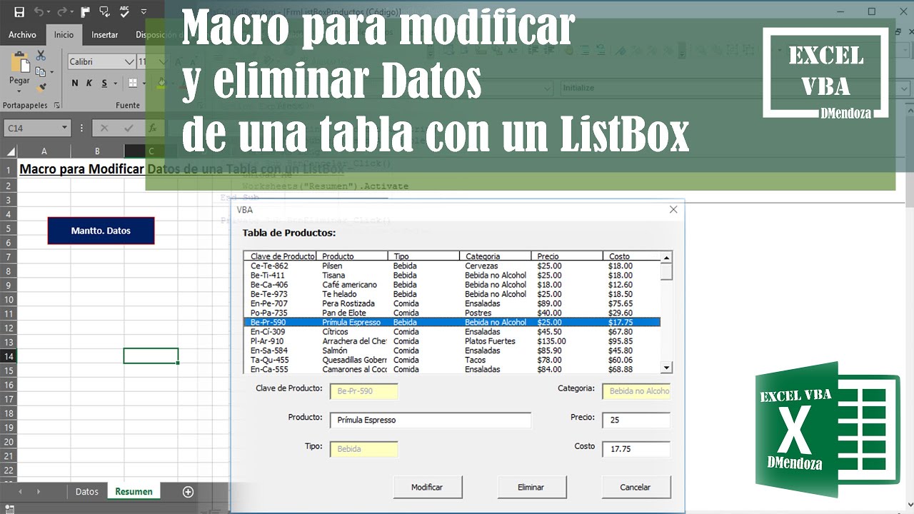 Macro para modificar y eliminar Datos de una tabla con un ListBox