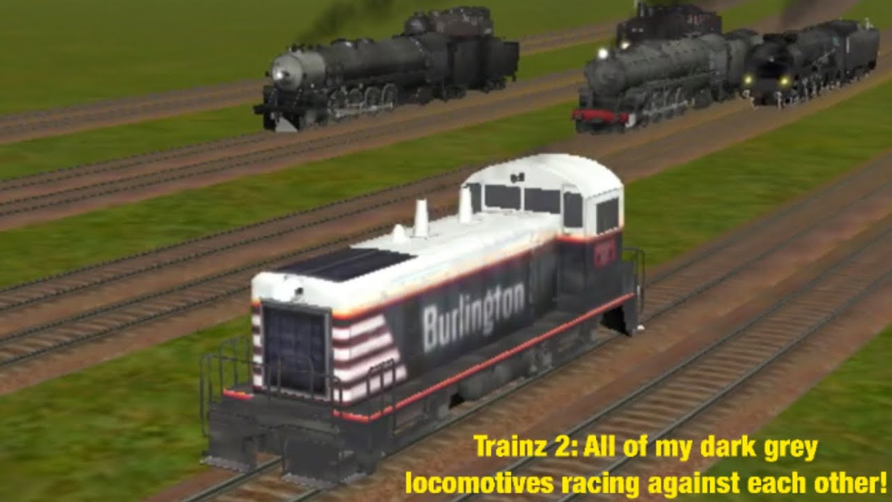 Trainz 2: All of my dark grey locomotives racing against each other!