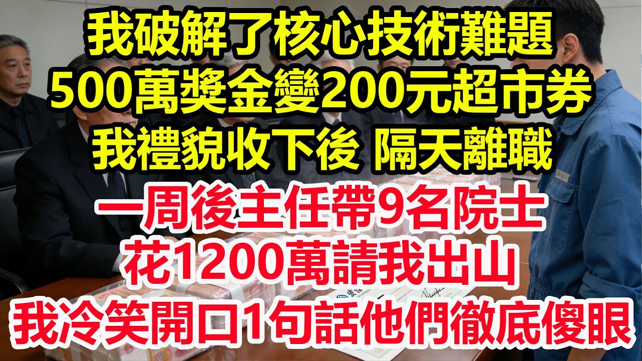 我破解了核心技術難題，500萬獎金變200元超市券，我禮貌收下後 隔天離職，一周後主任帶9名院士花1200萬請我出山，我冷笑開口1句話他們徹底傻眼！#情感 #爽文 #職場 #生活 #總裁