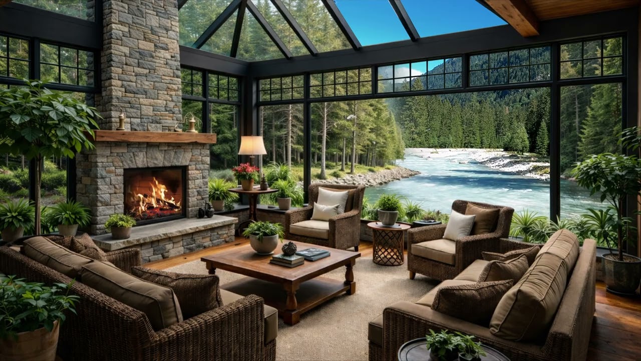 Mountain River Ambience, Cozy Fireplace & Glass Cabin Views, Relaxing Nature Sounds 4K