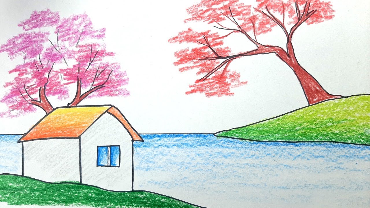 How to draw Spring season scenery step by step / Landscape scenery