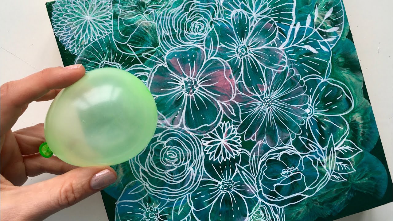#153 Balloon/Finger acrylic pour with flower pattern - inspirational painting tutorial step by step