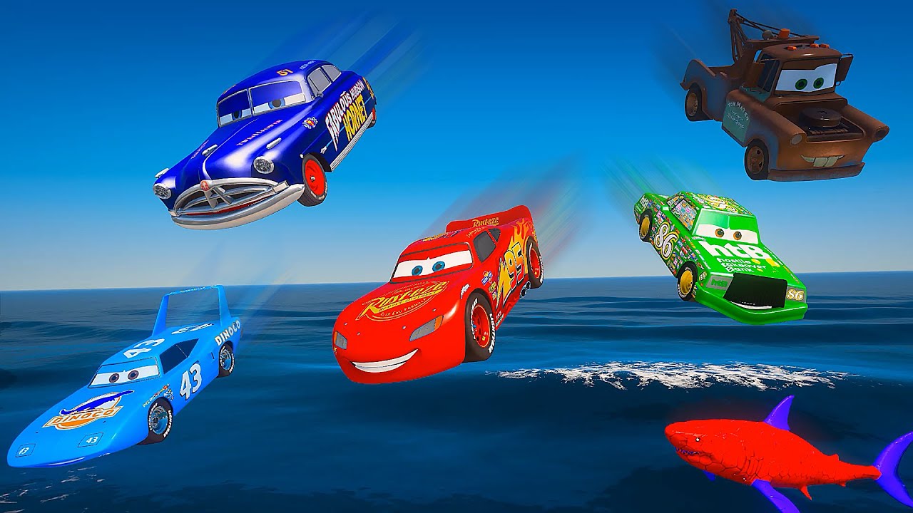 Pixar Cars Epic Sea Jump: McQueen Tow Truck Mater Doc Hudson Chick Hicks & The King vs Sea Monsters