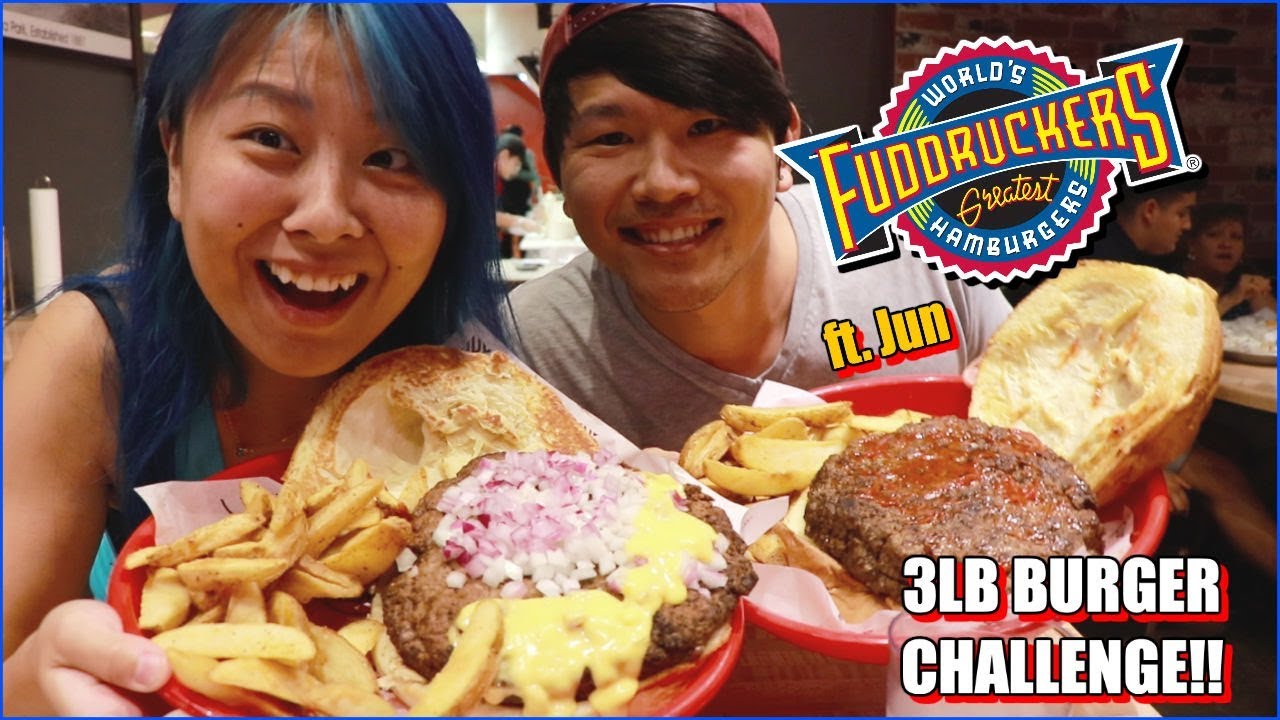 Fuddruckers 3lb Burger Challenge - First time Boyfriend does a Food Challenge with me #RainaisCrazy