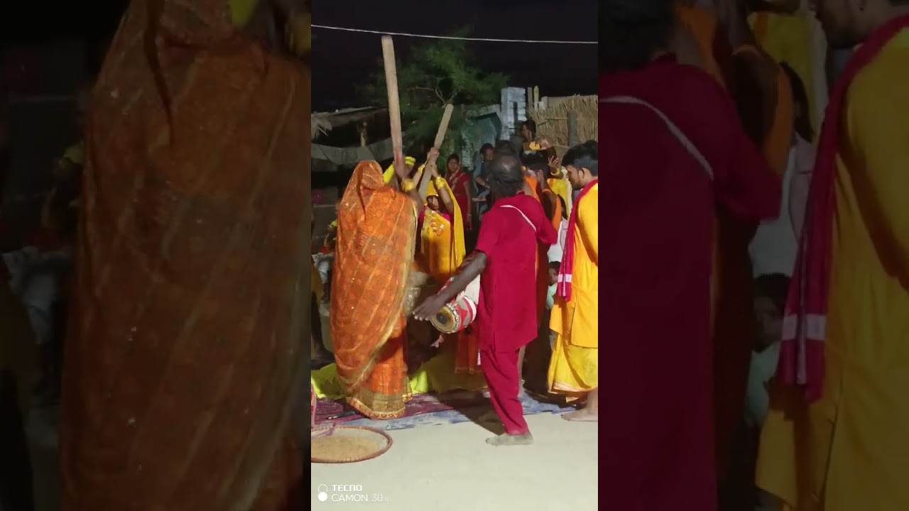 राजाशैलेश महाराज के पूजा मे चूहर के अखाड़ा में भगत जी द्वारा सीने पर ओखली में धान कुटवाते हुए 