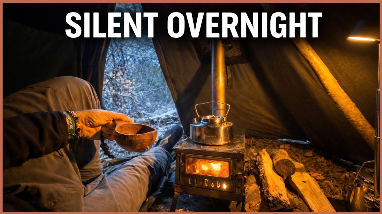Solo Silent Overnight Bushcraft Camp | Hot Tent, Wind & Forest ASMR