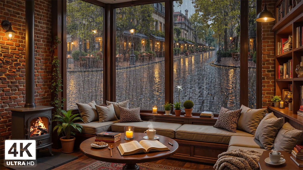 Quiet European Caf&eacute; Jazz ☕ Rainy Street & Fireplace Ambience for Work, Focus and Peaceful Nights