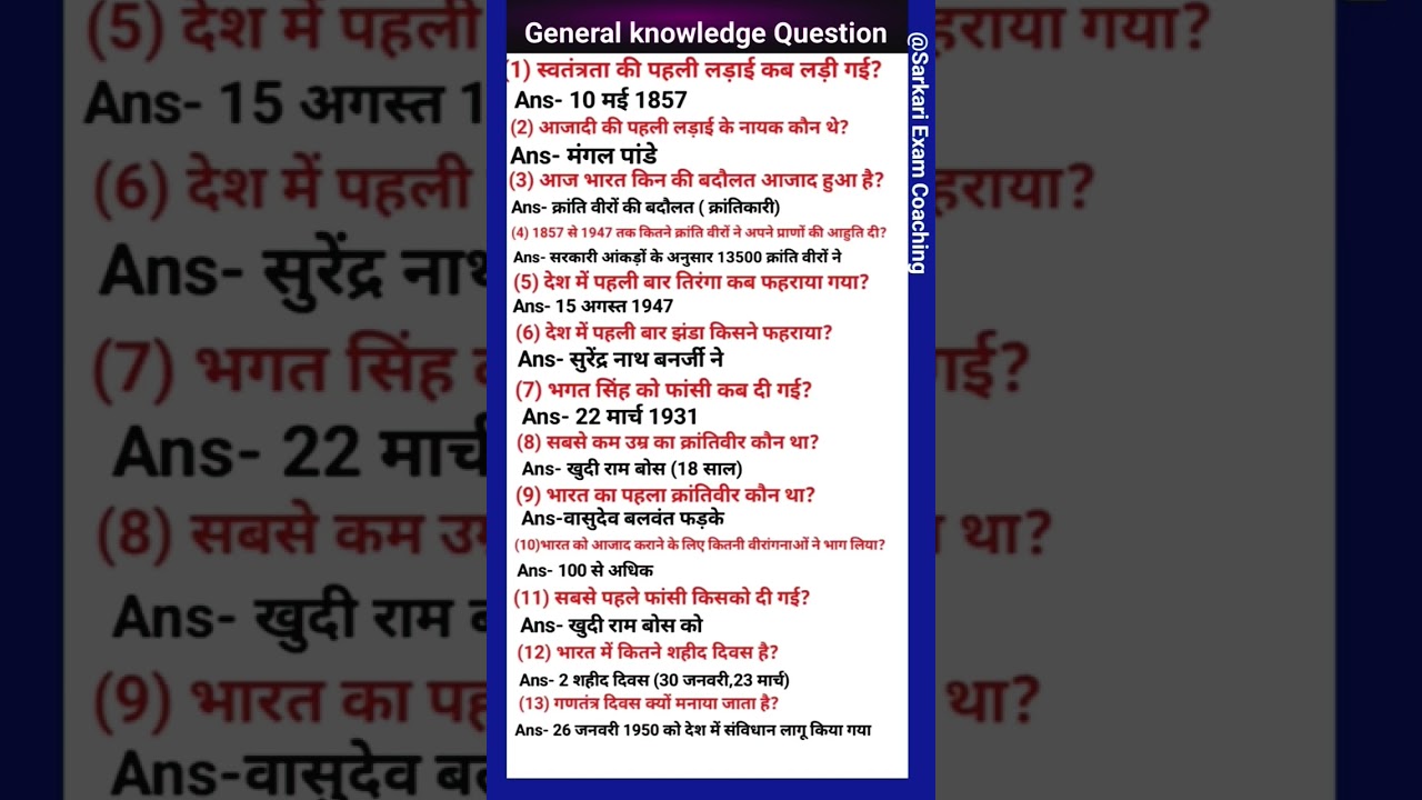 भारतीय स्वतंत्र संबंधित प्रश्न | general knowledge question | GK political Science question