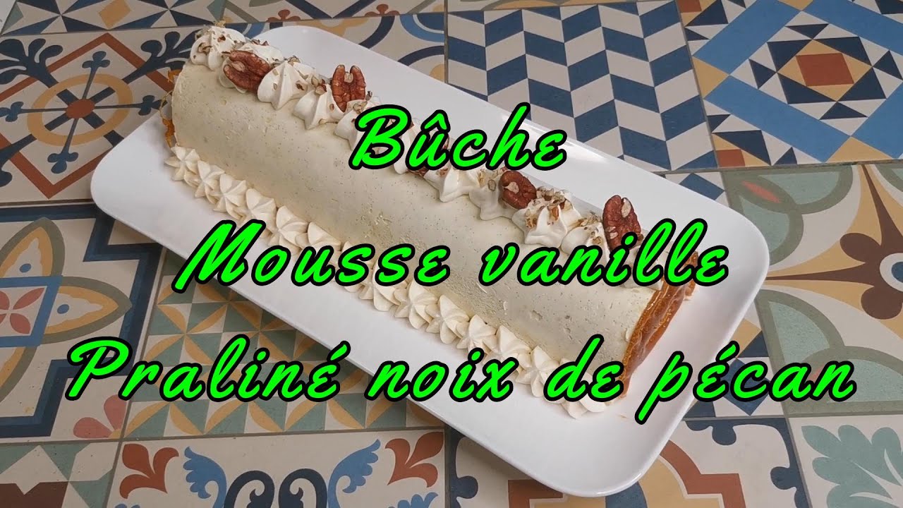 🎄✨Bûche de noël, mousse vanille, pralinée à la noix de pécan, caramel beurre salé, sans gluten.