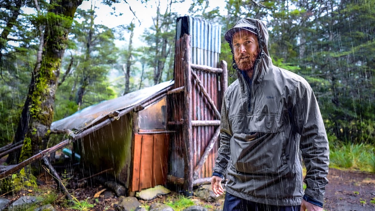 Rainstorm Camping In Rustic Cabin - Overnight Remote Shelter Heavy Rain