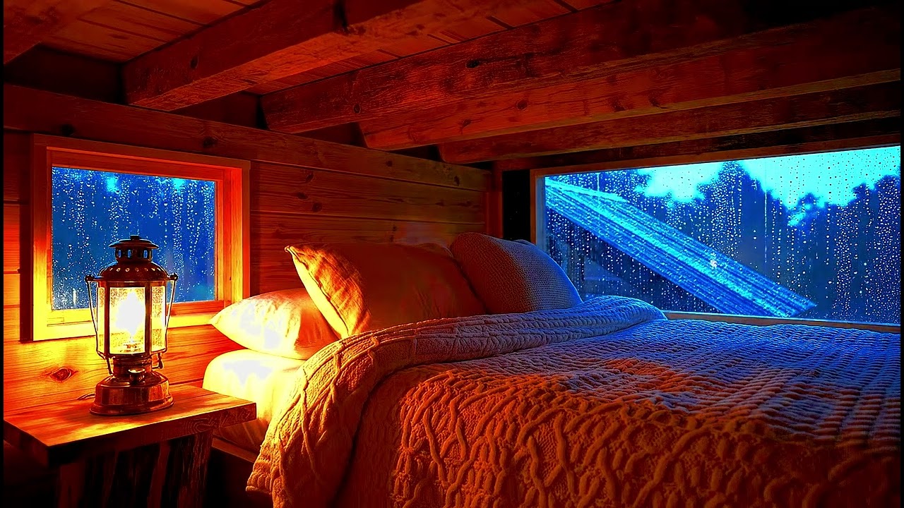Rain on the Window in a Warm Wooden Cabin | Gentle Piano for Sleep