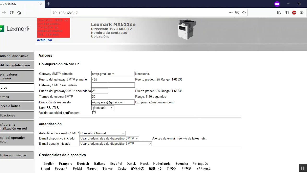 Configurar scan to email Lexmark MX611de MFP Gmail