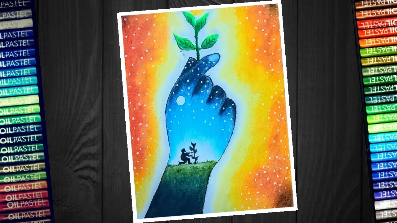 World Environment day poster drawing with oil pastel - step by step | Double exposure drawing easy