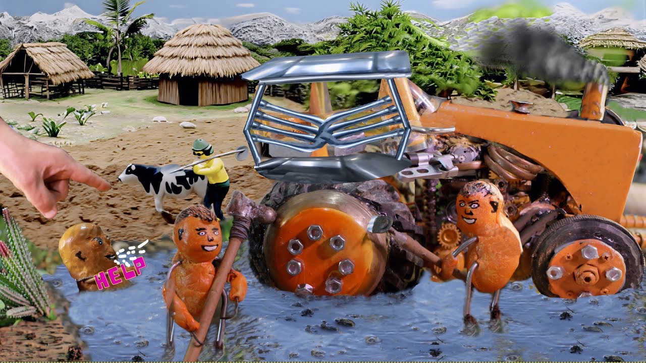 A man made Diy mini tractor succeed then jealous neighbor made it fall in mud trap in mini farm