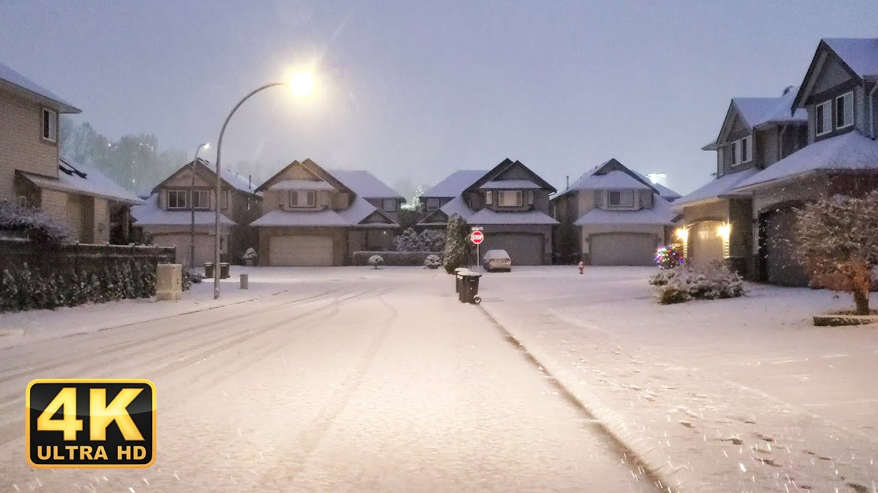 54 minutes of Snow Winter Streets At Dusk with Relaxing Music - Virtual Tour in Snowy Neighborhood