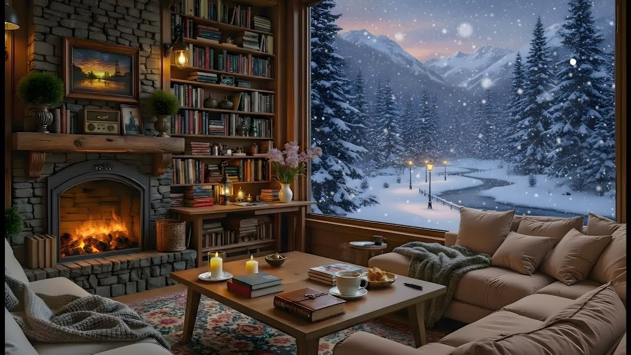 Winter Ambience Cozy Snowy Coffeehouse ❄️ with Smooth Jazz & Warm Fireplace for Study & Deep Focus