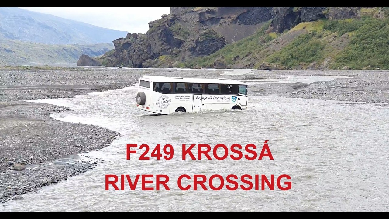 Bus Crossing Treacherous Krossá River in Þórsmörk in Iceland