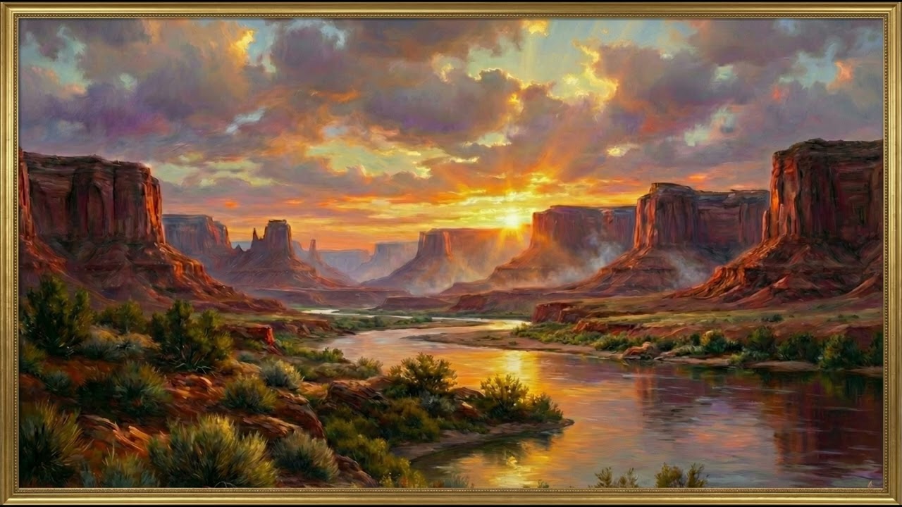 2 Hours Golden Horizon Canyon Frame TV Art 4K | Vintage Oil Painting | Muted Tones | Cozy Ambience