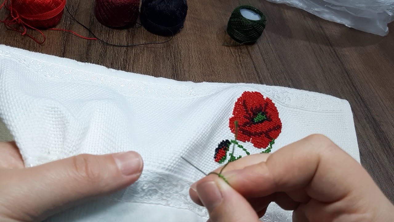 Kanaviçe gelincik çiçeği işlemesi / Gelincik çiçeği / Gelincik çiçeği havlu takımı/Kanaviçe işleme