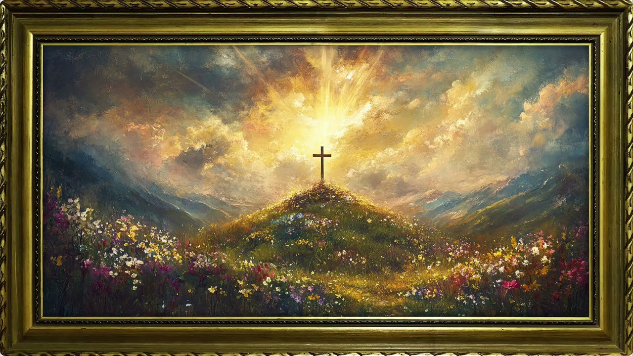 Cross of Jesus in a Flower Field Painting for TV Art Display | Elegant Golden Frame Wall Decor | 2H