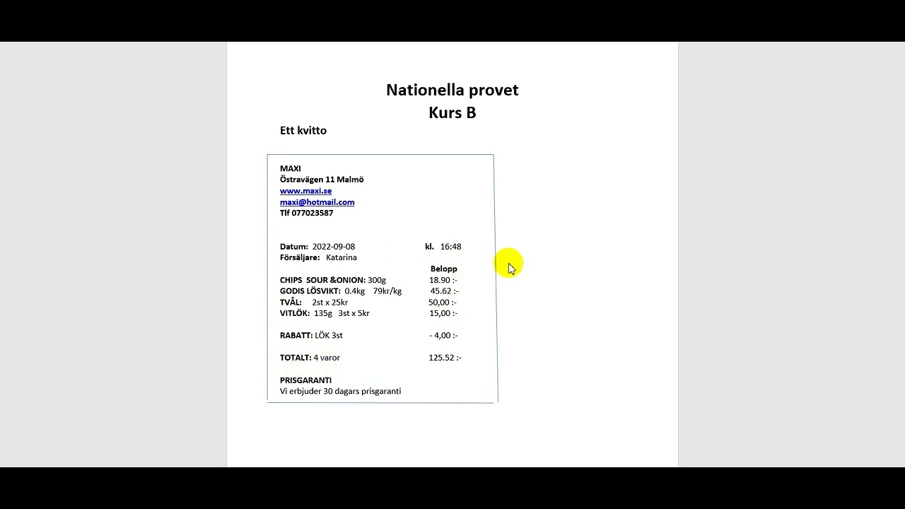 Sfi: Nationella provet för kurs B. Läsa kvitto. Del 1.