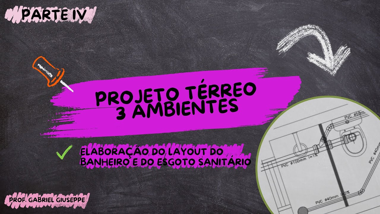 Projeto Térreo Básico: 3 ambientes - Layout interno e detalhe do esgoto sanitário do banheiro