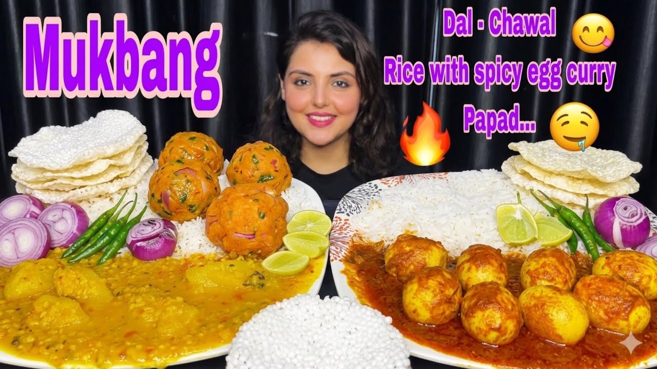 Eating Rice with Spicy Egg Egg Curry, Dal-Chawal, Papad | Mukbang Eating Show 