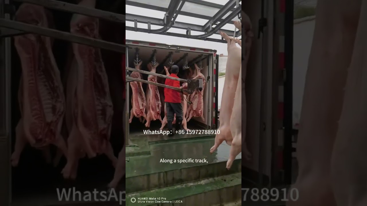 #Meat hook refrigerated truck #Pig slaughterhouse #Automatic docking #Cold chain transport vehicle