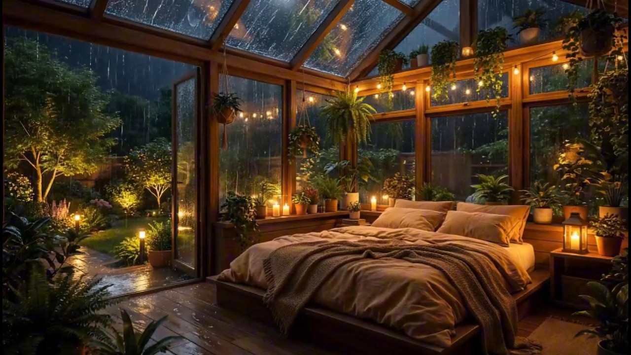 Heavy Rain on Glass Roof 🌧️ Cozy Greenhouse Bedroom for Deep Sleep & Relaxing 10 Hours