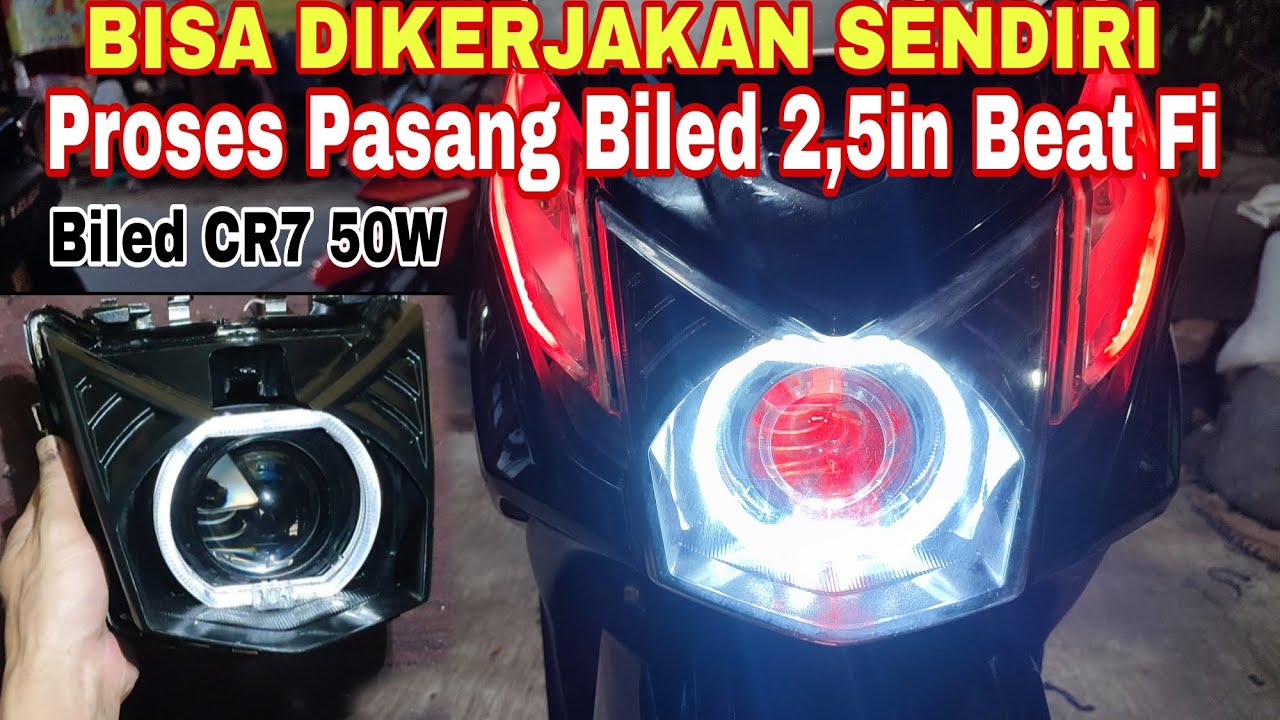 pasang lampu biled cr7 2,5in 50w di motor honda beat fi.  led relay motor led light