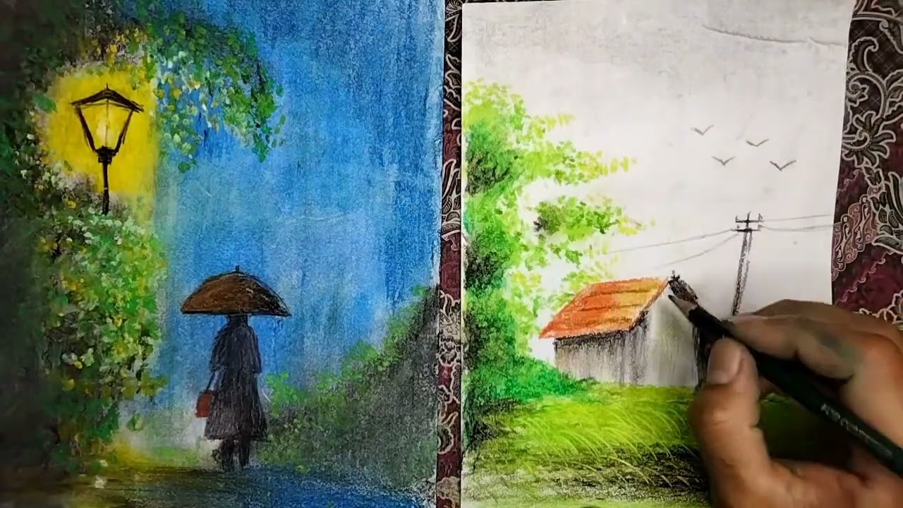 Menggambar pemandangan dengan krayon 