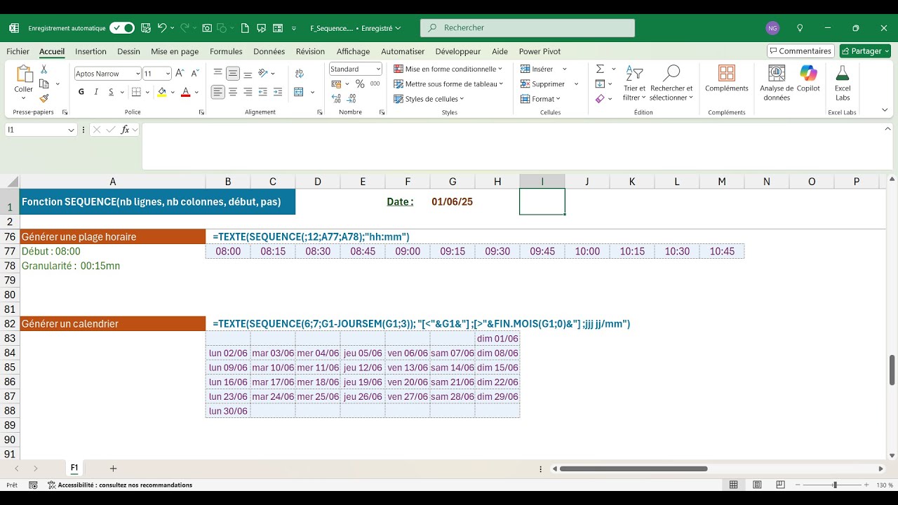 Excel - Générer des séries avec la Fonction SEQUENCE :  Eventail de formules de tous types...