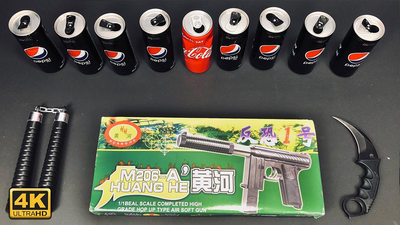 Huang He M206-A 6mm Bullet Airsoft Gun Unboixng + Coke Box Shoot Test