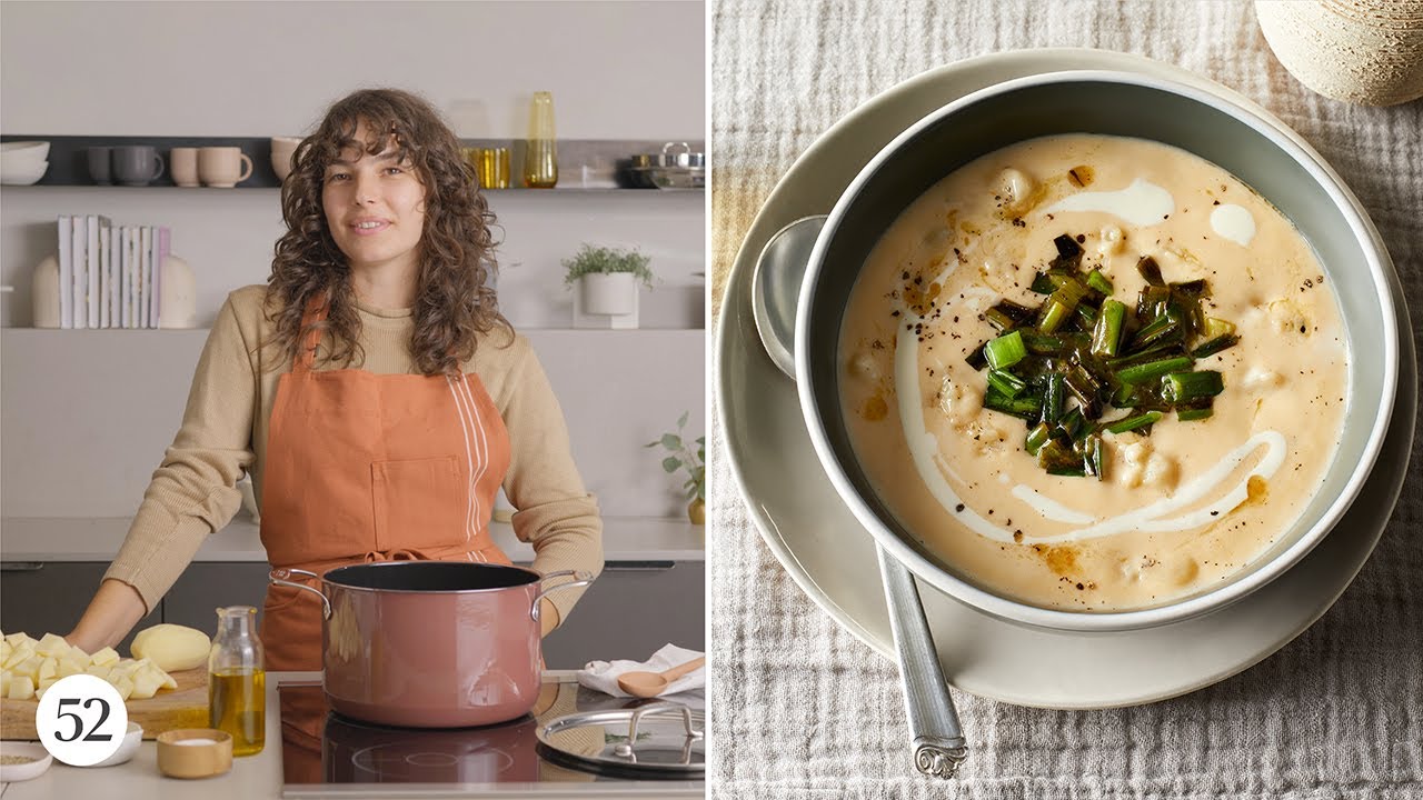 Сырный картофельный суп с зеленым луком, приправленным перцем | Food52 + All-Clad